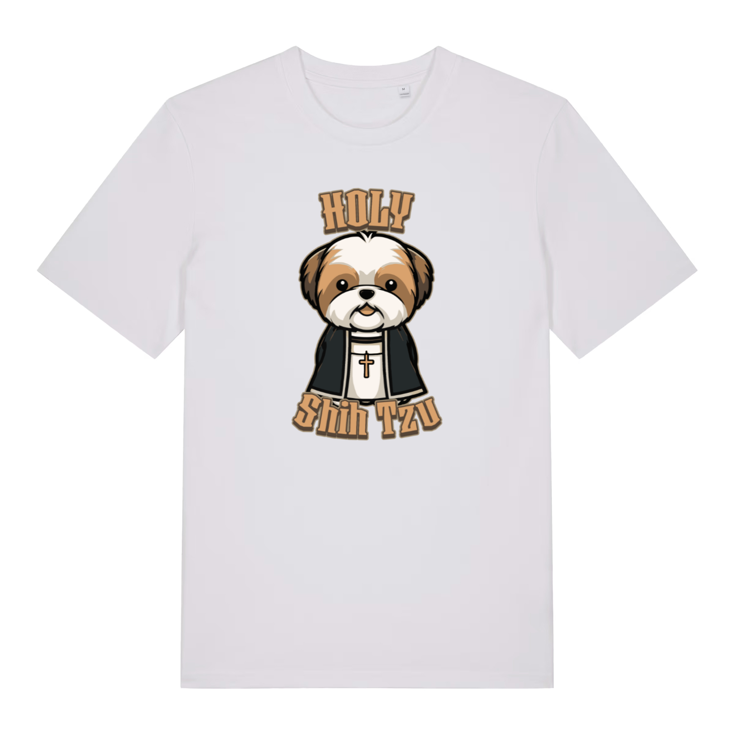 white funny animal t-shirt with the graphic of a dog dressed as a vicar and the slogan 'holy shihtzu'