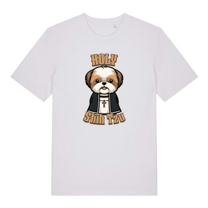 white funny animal t-shirt with the graphic of a dog dressed as a vicar and the slogan 'holy shihtzu'