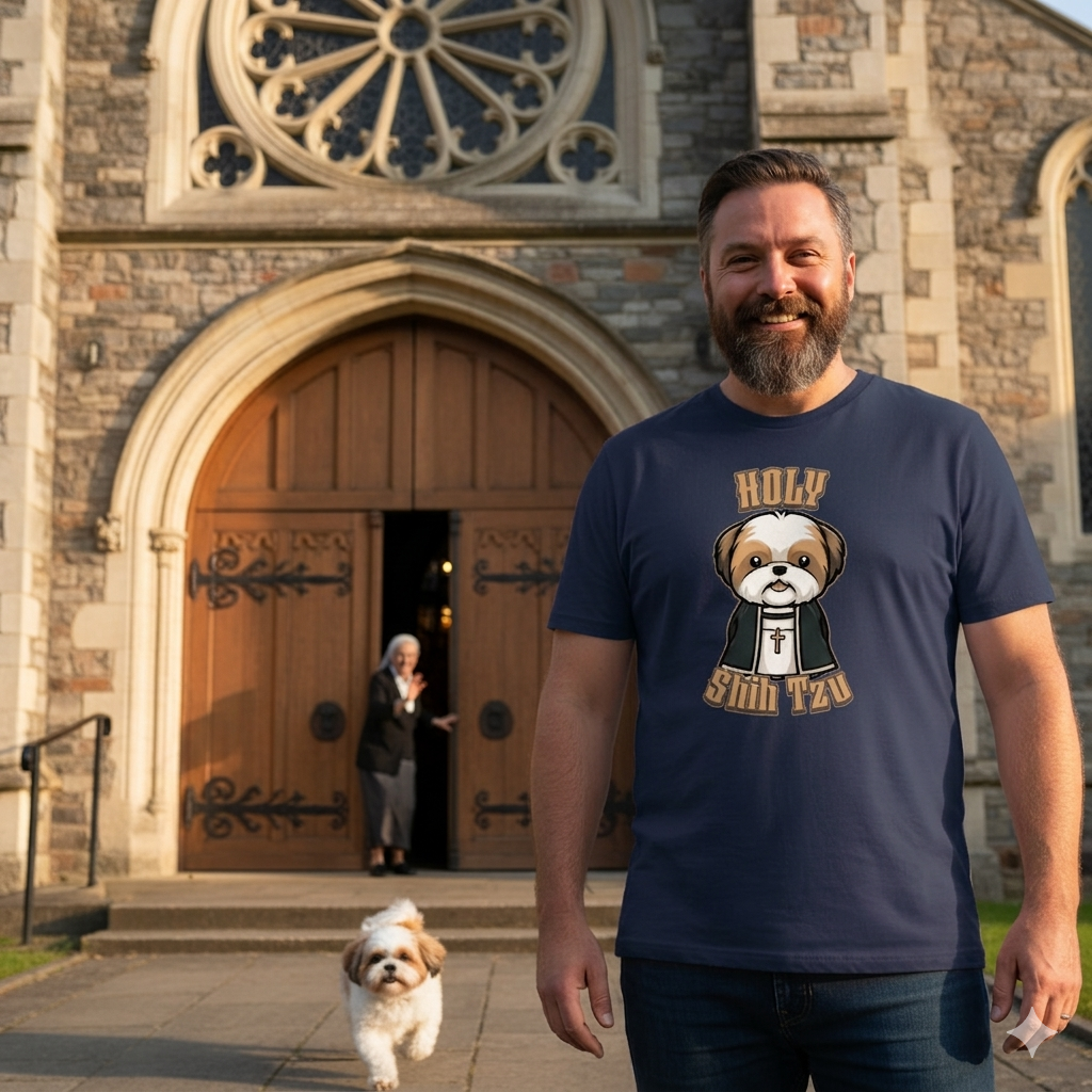 Man wearing a navy blue t-shirt with a dog graphic in front of a church.