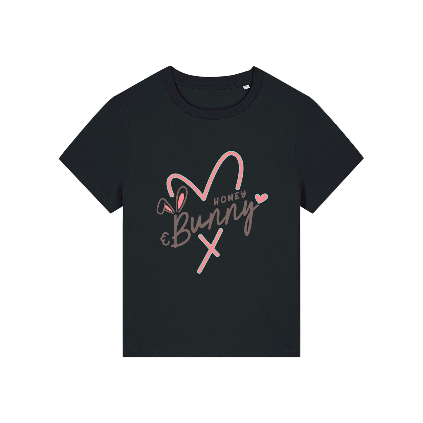 black graphic t-shirt with a pink love heart and the words 'honey bunny'