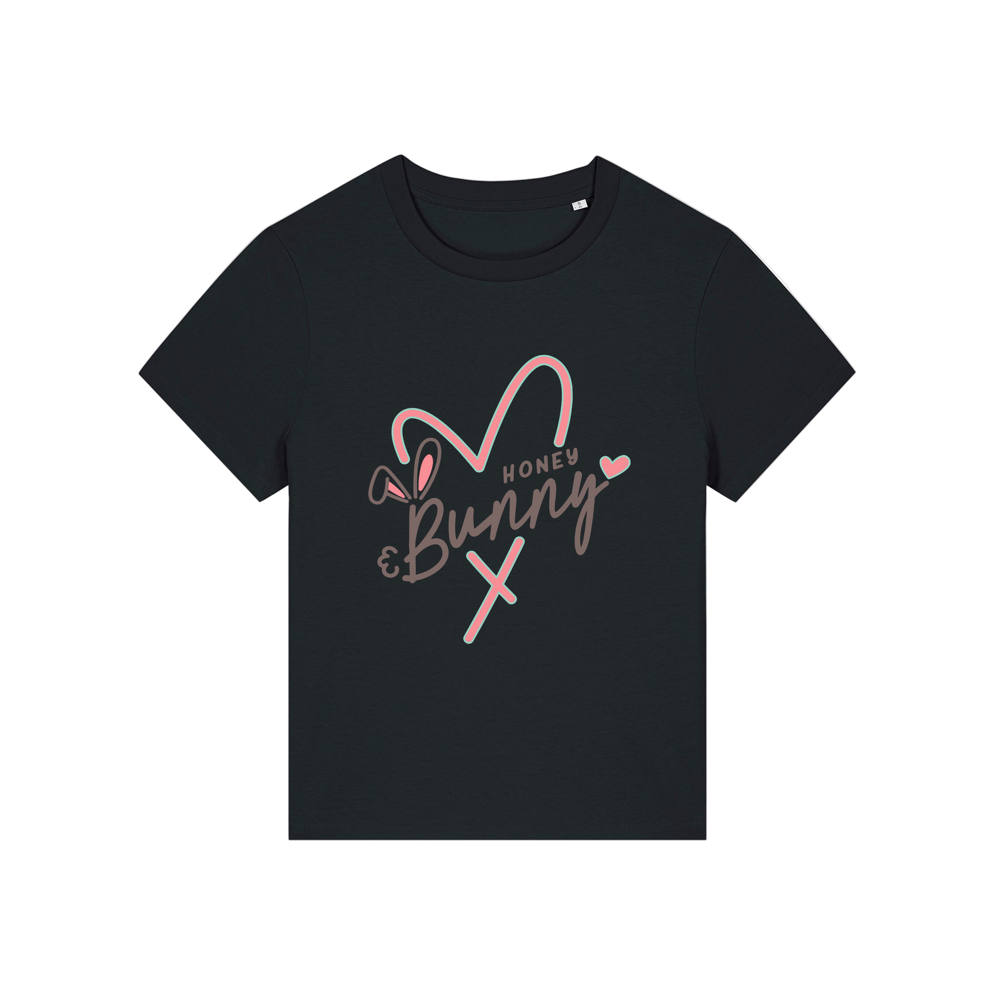 black graphic t-shirt with a pink love heart and the words 'honey bunny'