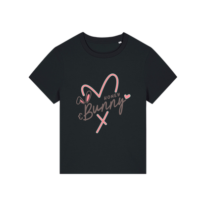 black graphic t-shirt with a pink love heart and the words 'honey bunny'
