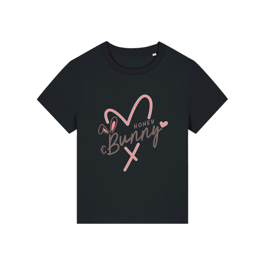 black graphic t-shirt with a pink love heart and the words 'honey bunny'
