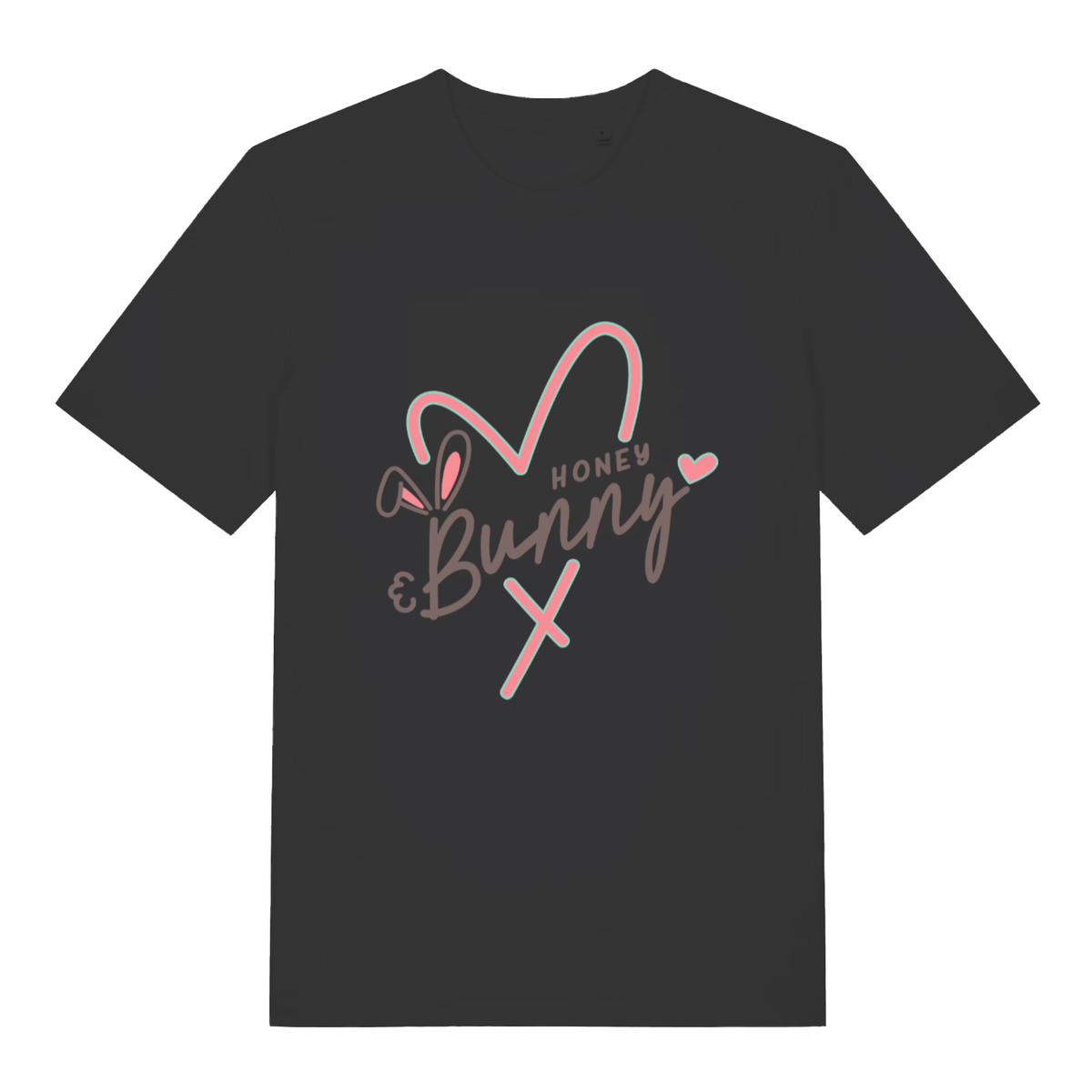 Black women's Honey Bunny T-shirt flat lay with cute bunny ears heart "Honey Bunny" graphic