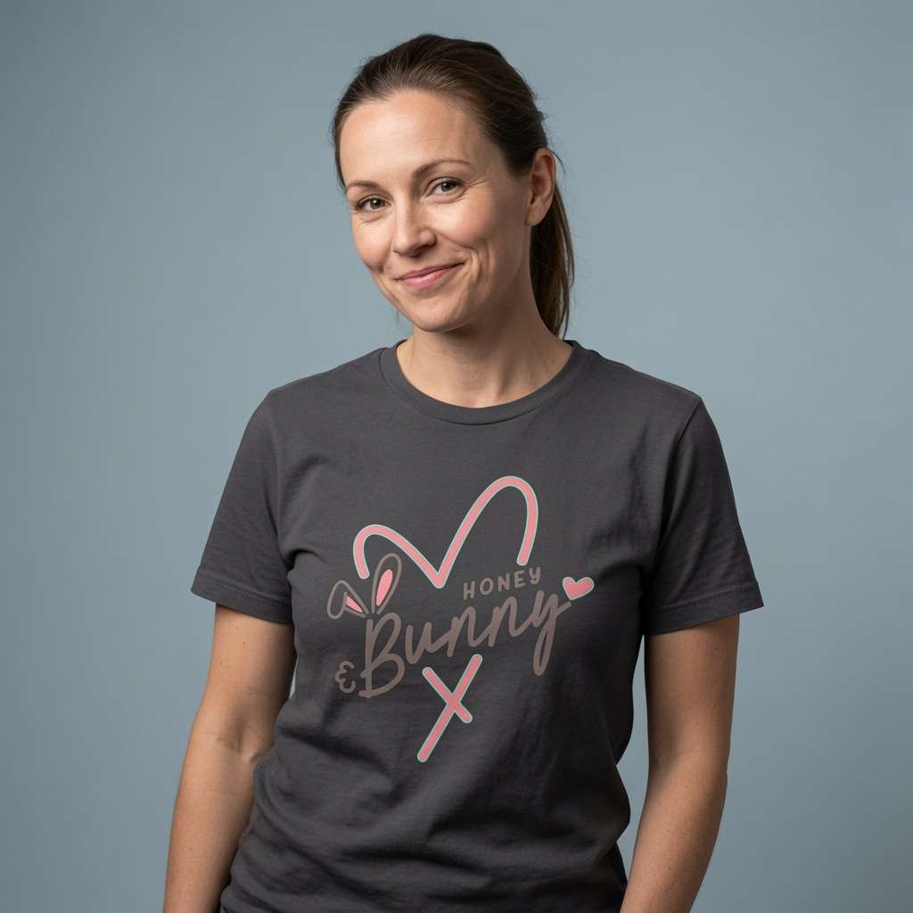 Woman with slight smile in black Honey Bunny tee featuring bunny heart graphic, ladies feel good