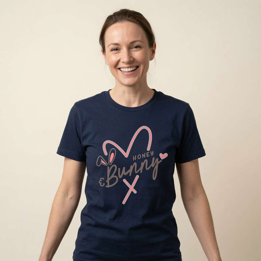 Woman smiling in french navy Honey Bunny t-shirt, ladies feel good graphic mum