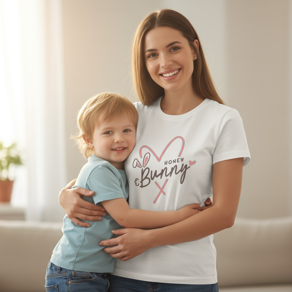 Woman and child hugging indoors with woman wearing a 'Honey Bunny' t-shirt