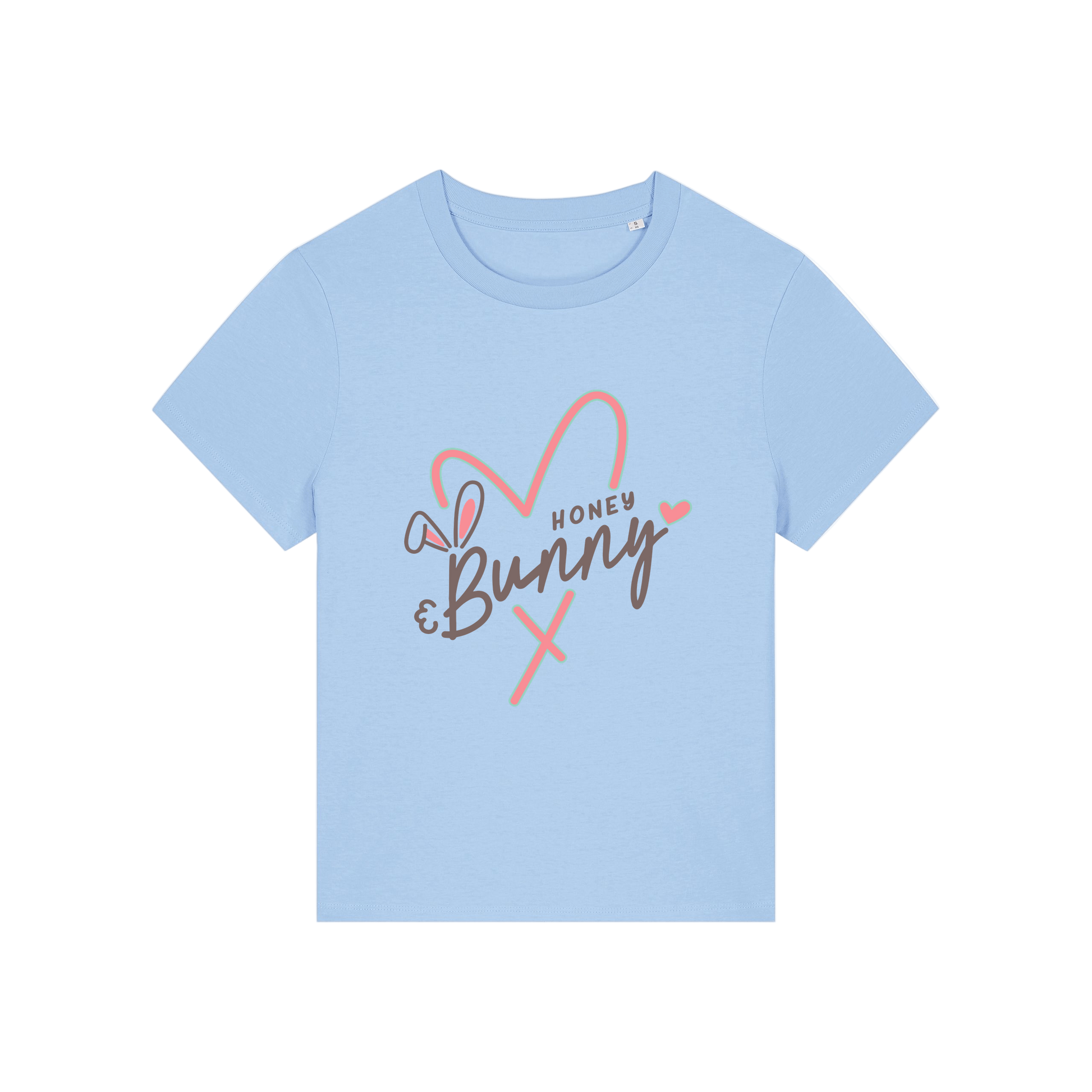 light blue graphic t-shirt with a pink love heart and the words 'honey bunny'