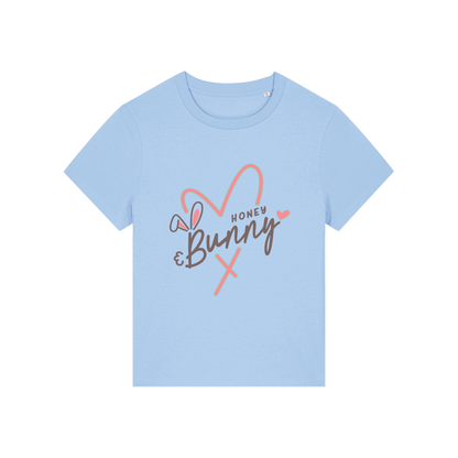 light blue graphic t-shirt with a pink love heart and the words 'honey bunny'