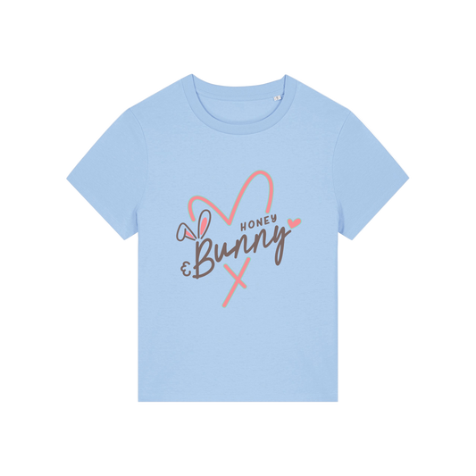 light blue graphic t-shirt with a pink love heart and the words 'honey bunny'