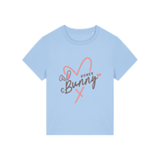 light blue graphic t-shirt with a pink love heart and the words 'honey bunny'