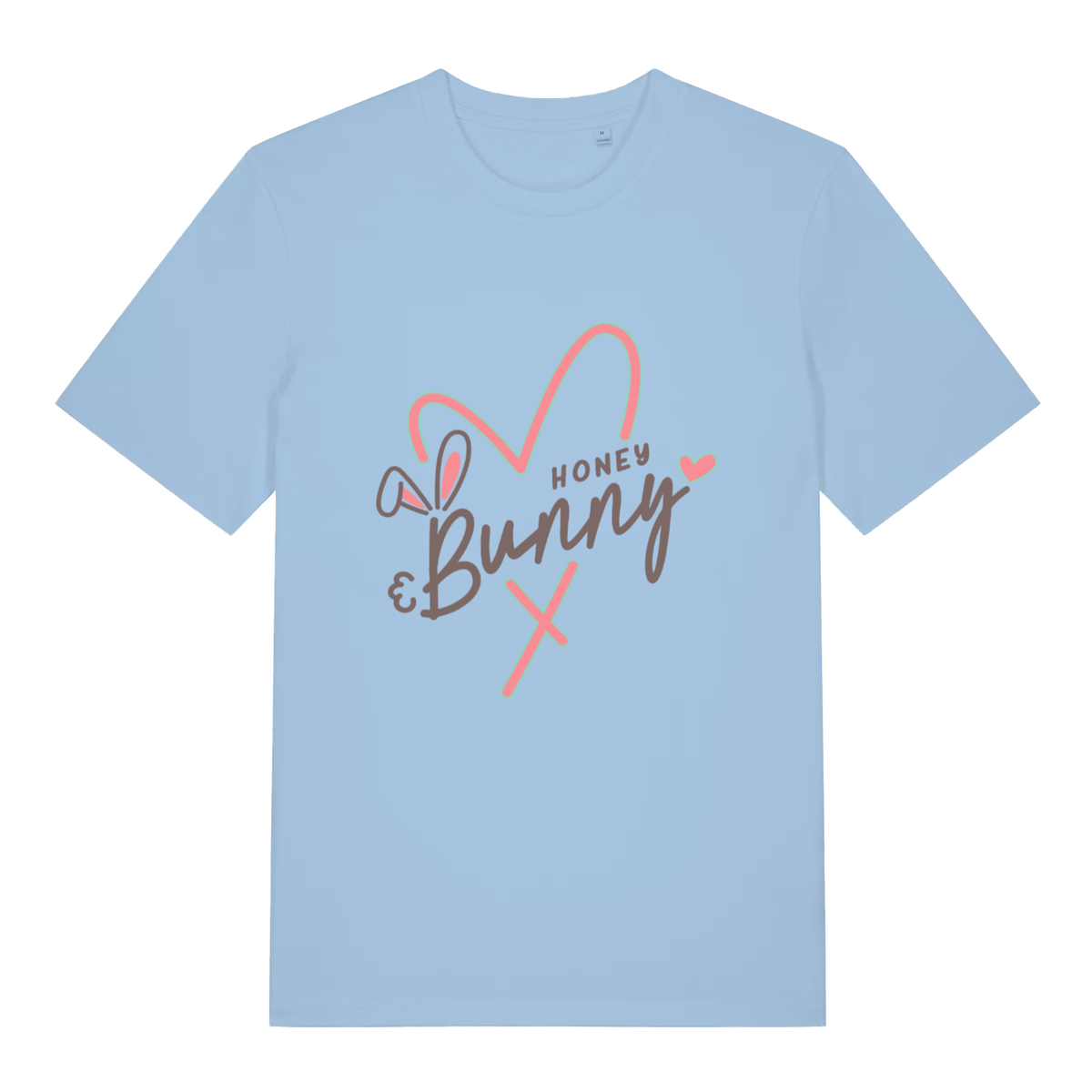 Light Blue women's Honey Bunny T-shirt flat lay showing "Honey Bunny" cute heart design