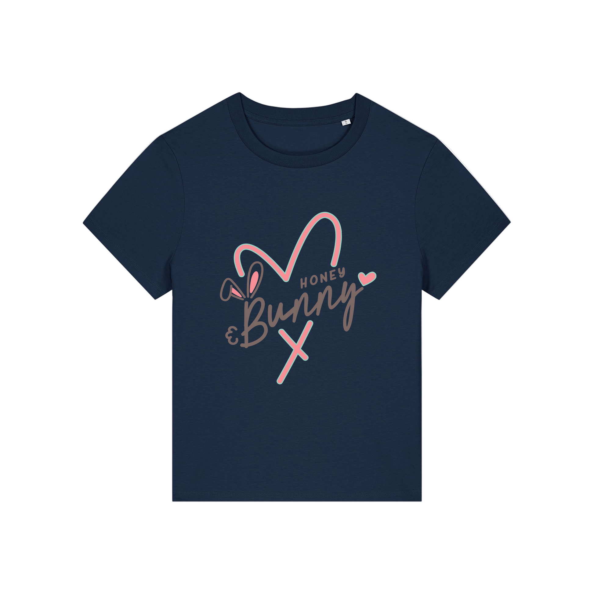 navy graphic t-shirt with a pink love heart and the words 'honey bunny'