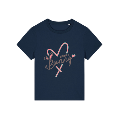 navy graphic t-shirt with a pink love heart and the words 'honey bunny'
