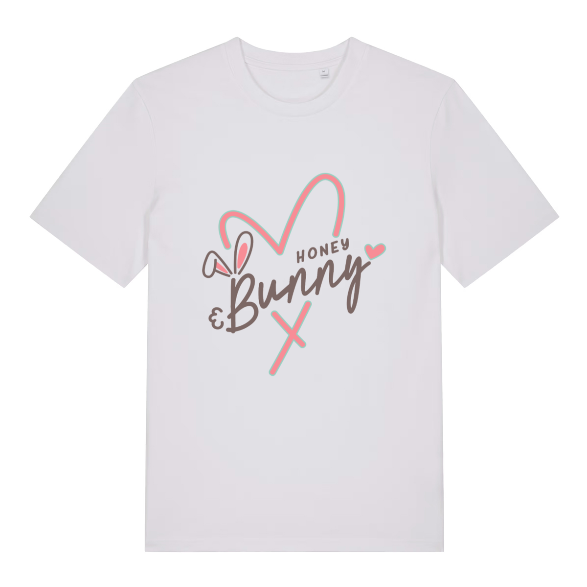 White women's Honey Bunny T-shirt flat lay with pink bunny ears "Honey Bunny" graphic