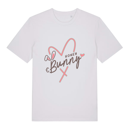 White women's Honey Bunny T-shirt flat lay with pink bunny ears "Honey Bunny" graphic