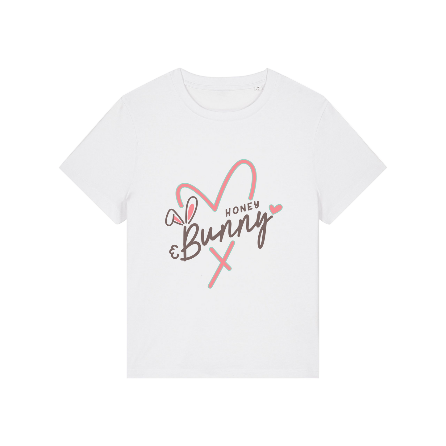 white graphic t-shirt with a pink love heart and the words 'honey bunny'