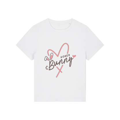 white graphic t-shirt with a pink love heart and the words 'honey bunny'