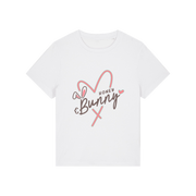 white graphic t-shirt with a pink love heart and the words 'honey bunny'