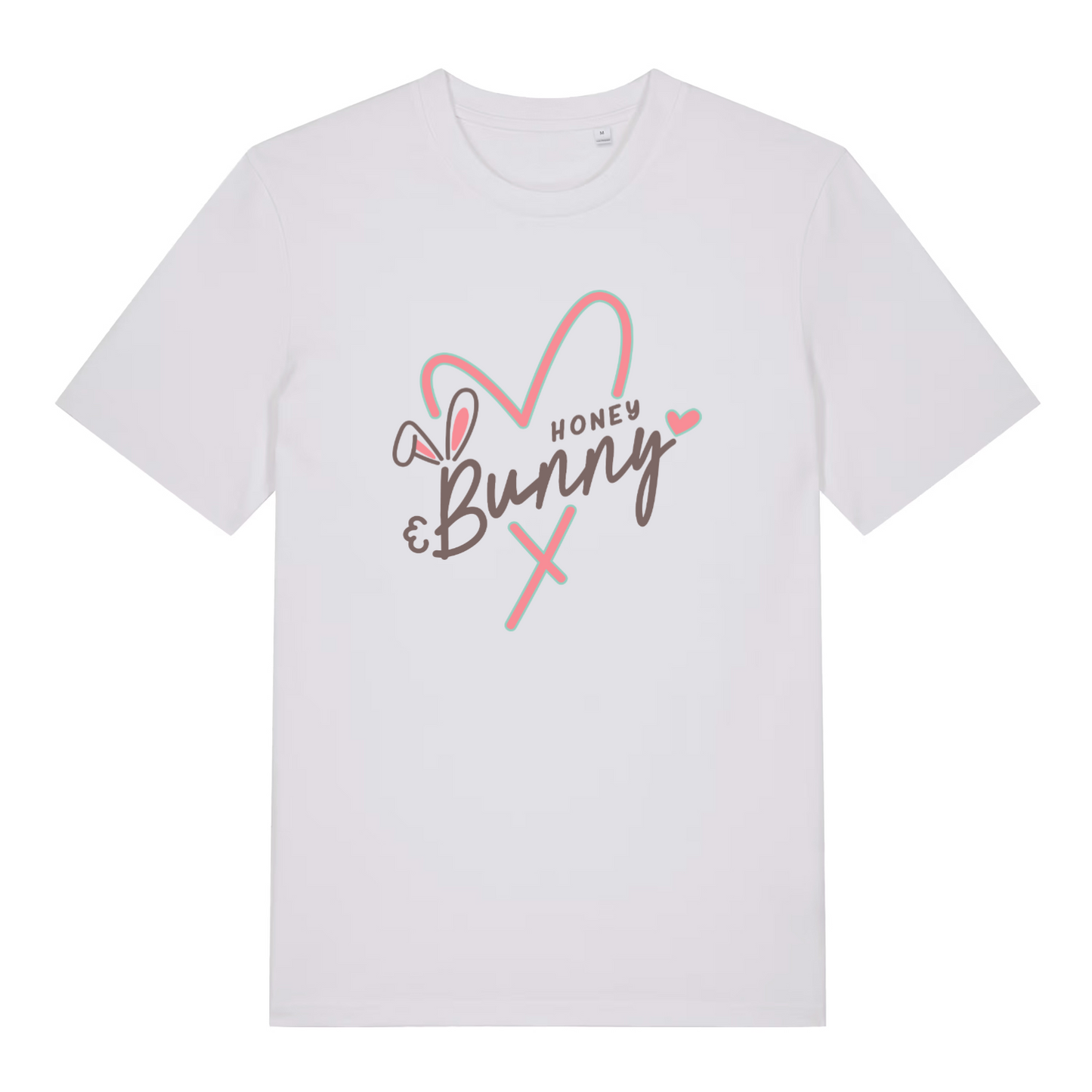 white women's graphic t-shirt with a love heart and bunny design and the text 'honey bunny'