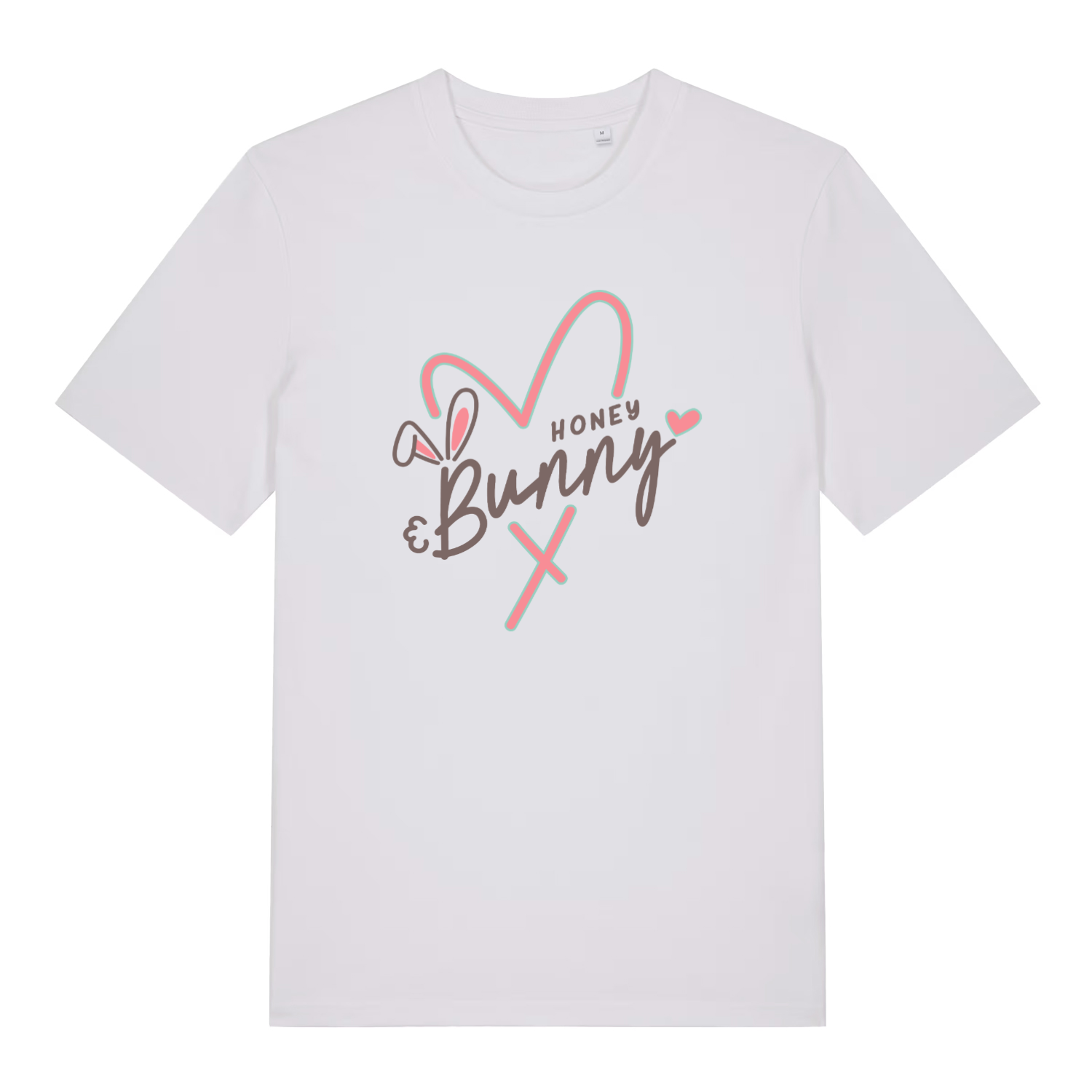 white women's graphic t-shirt with a love heart and bunny design and the text 'honey bunny'