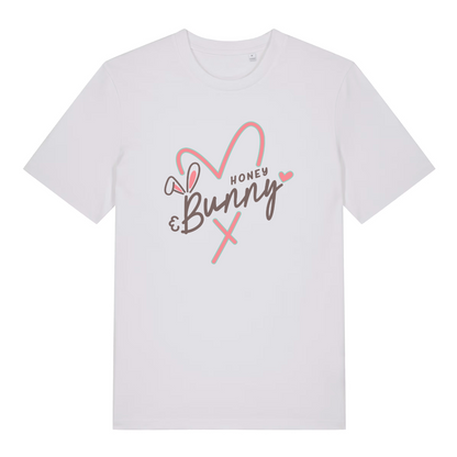 white women's graphic t-shirt with a love heart and bunny design and the text 'honey bunny'