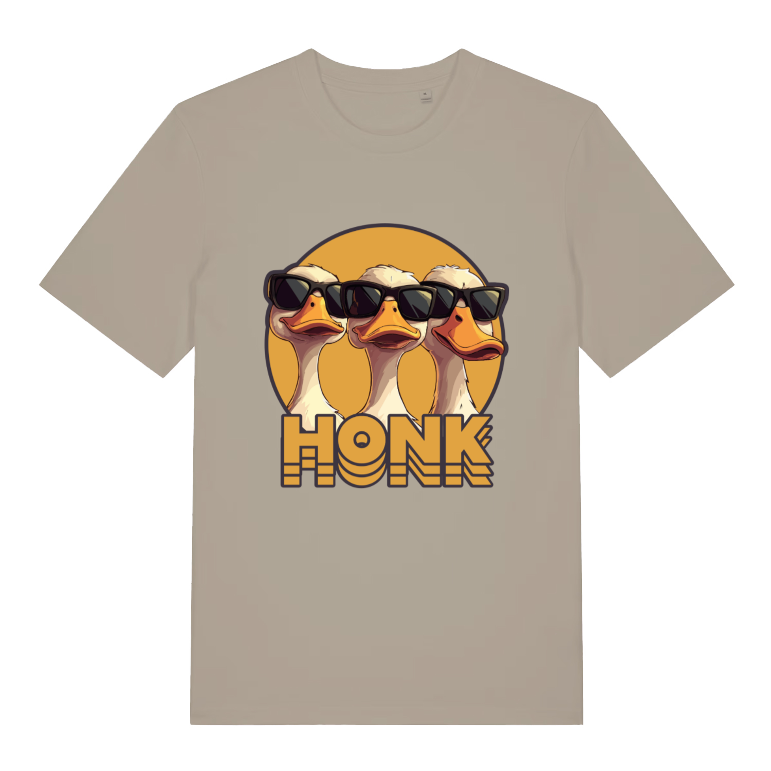 Beige Honk T-shirt flat lay with three cool geese in sunglasses "Honk" funny animal graphic