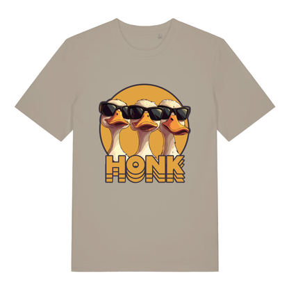 Beige Honk T-shirt flat lay with three cool geese in sunglasses "Honk" funny animal graphic