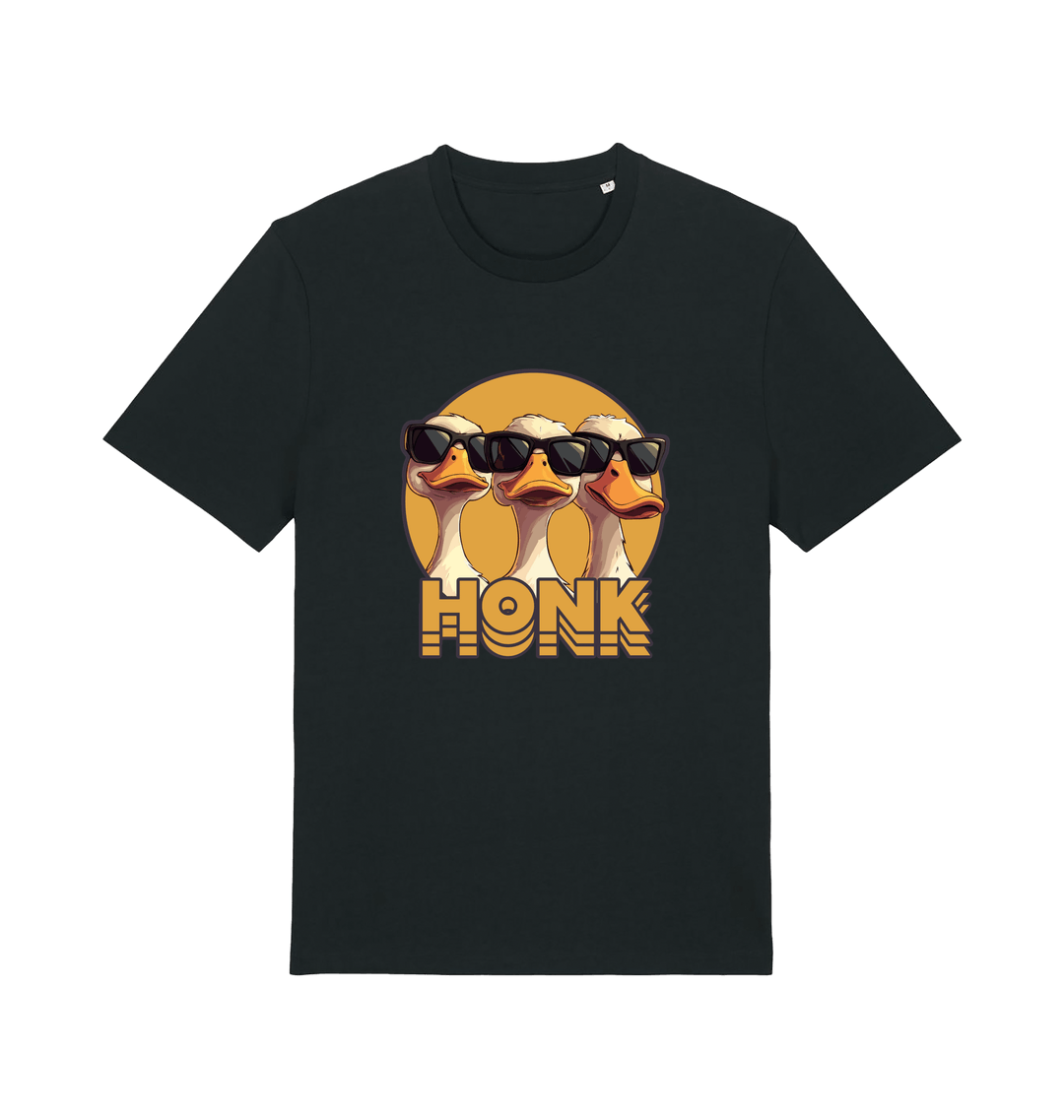 black funny graphic t-shirt with three geese in sunglasses and the slogan 'honk'