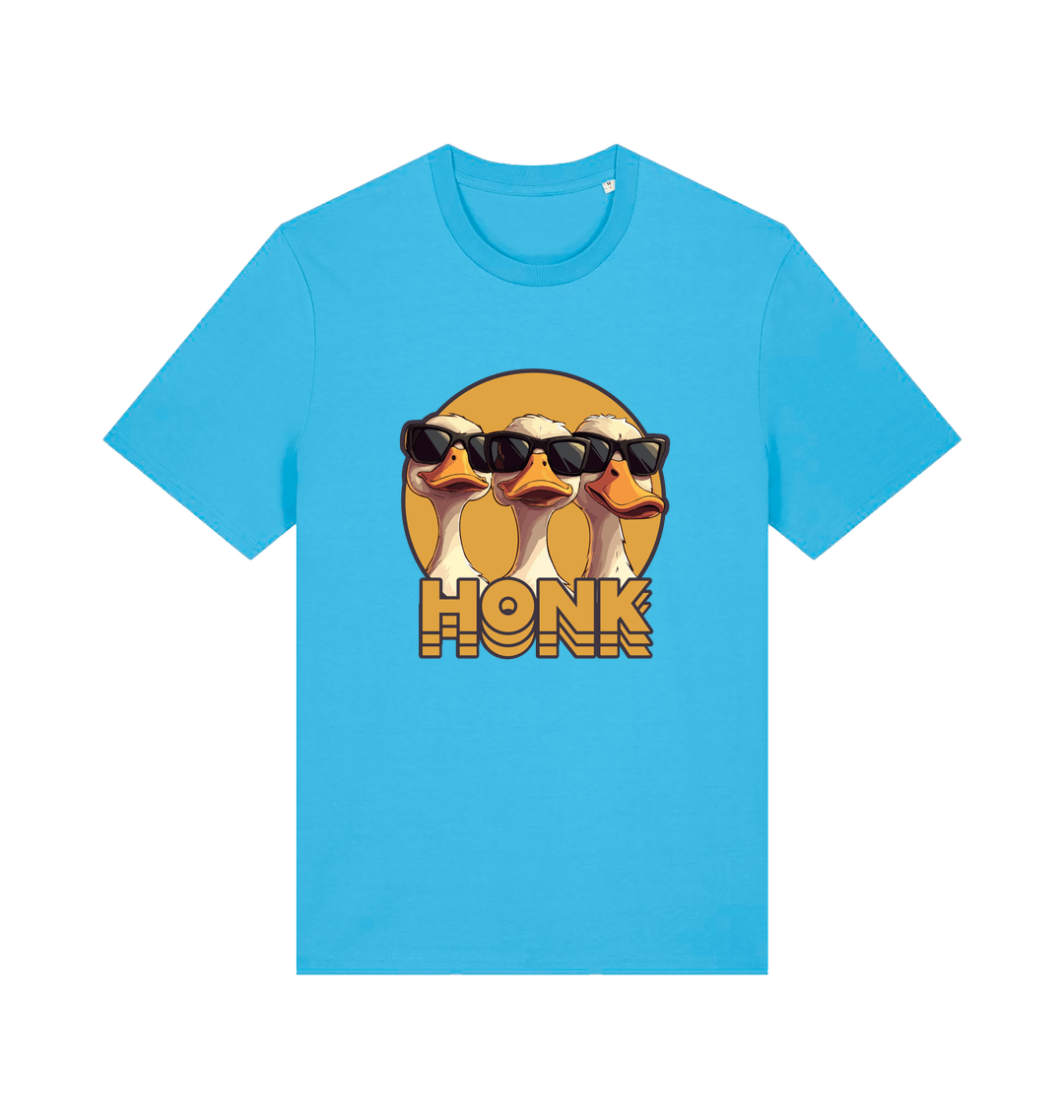 blue funny graphic t-shirt with three geese in sunglasses and the slogan 'honk'