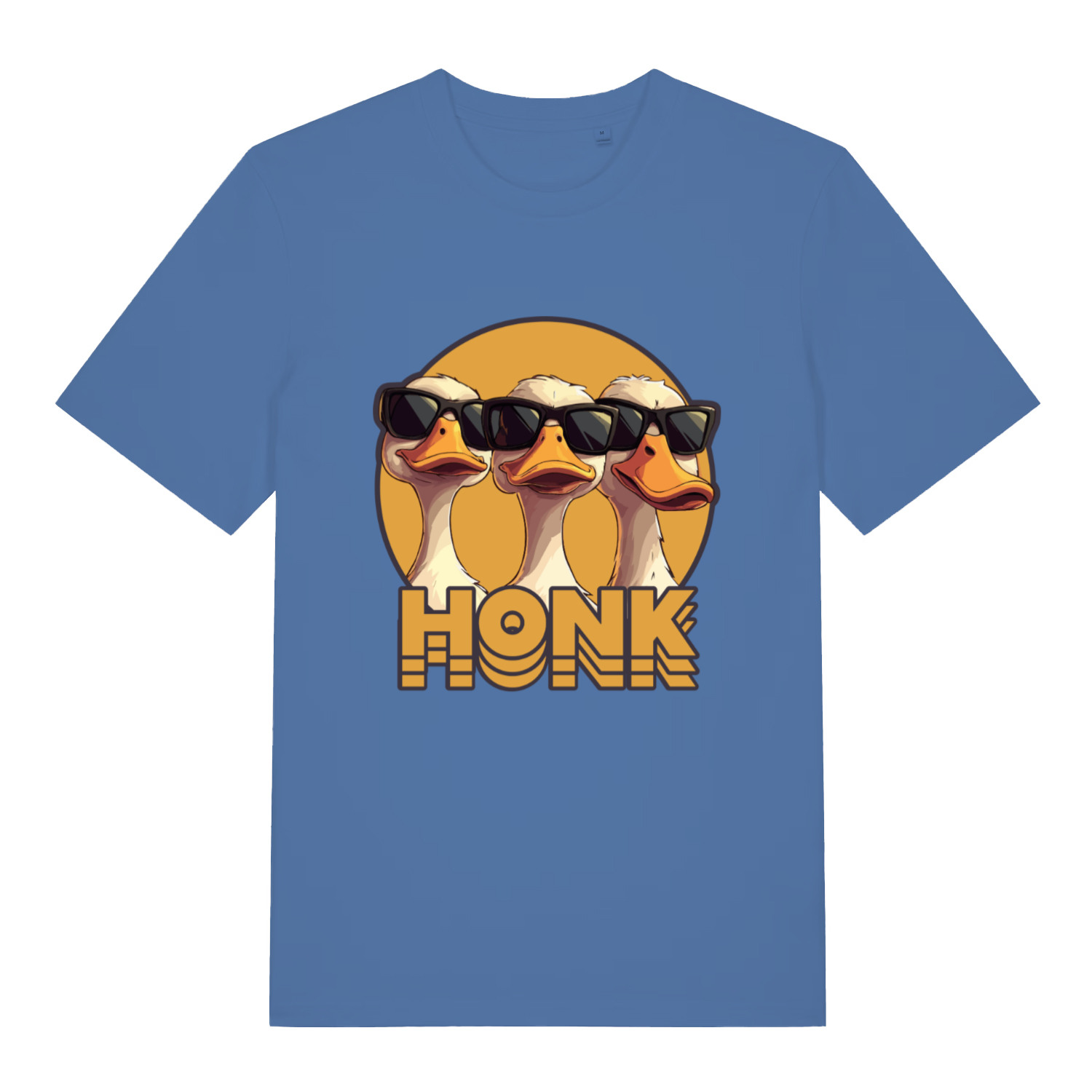 Bright Blue Honk T-shirt flat lay featuring hilarious sunglasses geese illustration
