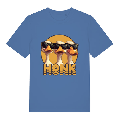 Bright Blue Honk T-shirt flat lay featuring hilarious sunglasses geese illustration
