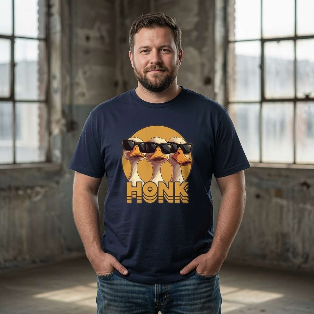 Bearded man hands in pockets in french navy HONK t-shirt, mens cheeky fun goose honk graphic