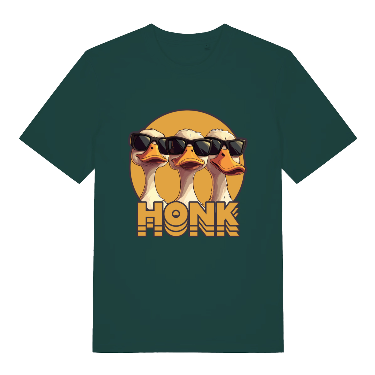 Glazed Green Honk T-shirt flat lay with funny geese wearing shades