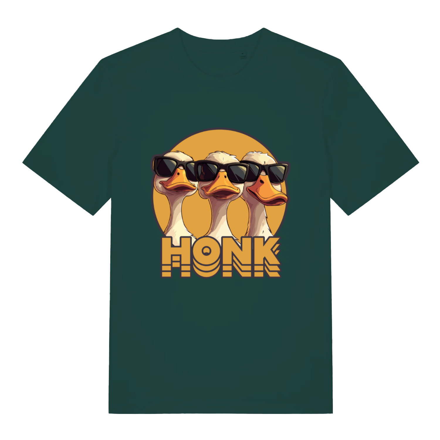 Glazed Green Honk T-shirt flat lay with funny geese wearing shades