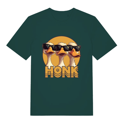 Glazed Green Honk T-shirt flat lay with funny geese wearing shades