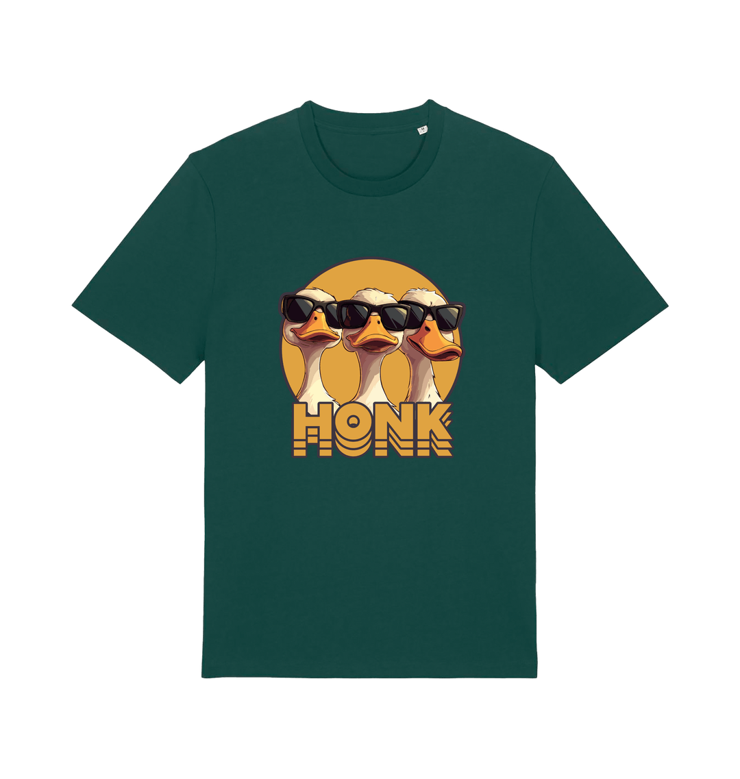green funny graphic t-shirt with three geese in sunglasses and the slogan 'honk'