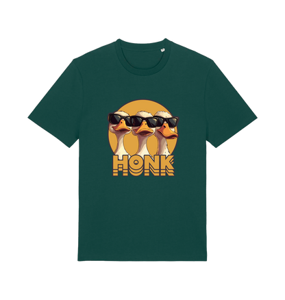 green funny graphic t-shirt with three geese in sunglasses and the slogan 'honk'