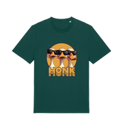 green funny graphic t-shirt with three geese in sunglasses and the slogan 'honk'