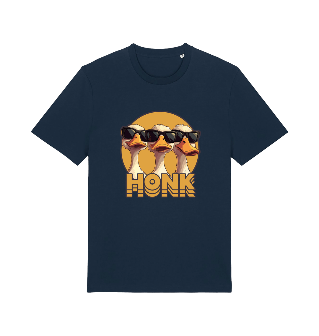 navy funny graphic t-shirt with three geese in sunglasses and the slogan 'honk'