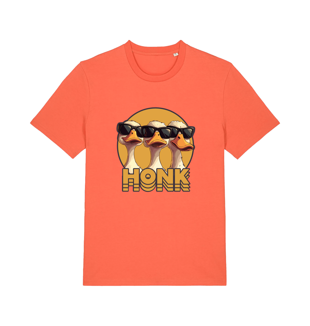 orange funny graphic t-shirt with three geese in sunglasses and the slogan 'honk'