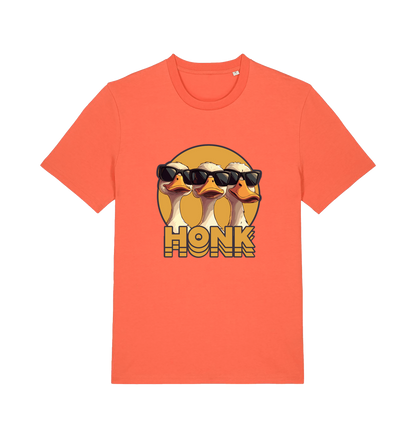 orange funny graphic t-shirt with three geese in sunglasses and the slogan 'honk'