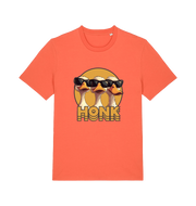 orange funny graphic t-shirt with three geese in sunglasses and the slogan 'honk'