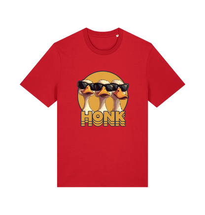 red funny graphic t-shirt with three geese in sunglasses and the slogan 'honk'
