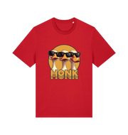 red funny graphic t-shirt with three geese in sunglasses and the slogan 'honk'