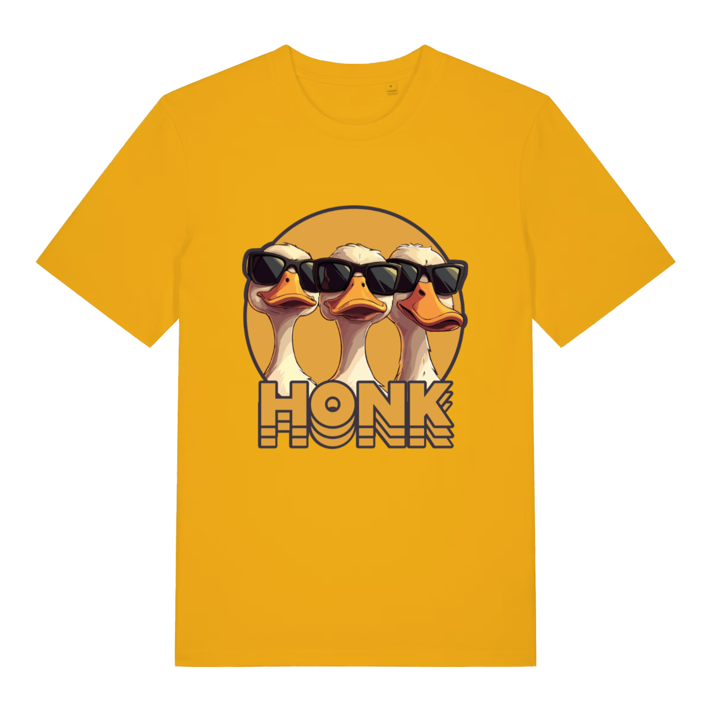 Spectra Yellow Honk T-shirt flat lay with three cool geese in sunglasses "Honk" graphic