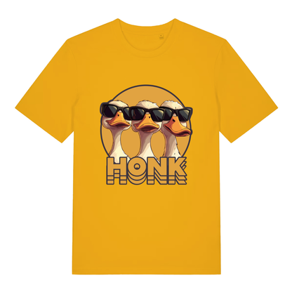 Spectra Yellow Honk T-shirt flat lay with three cool geese in sunglasses "Honk" graphic