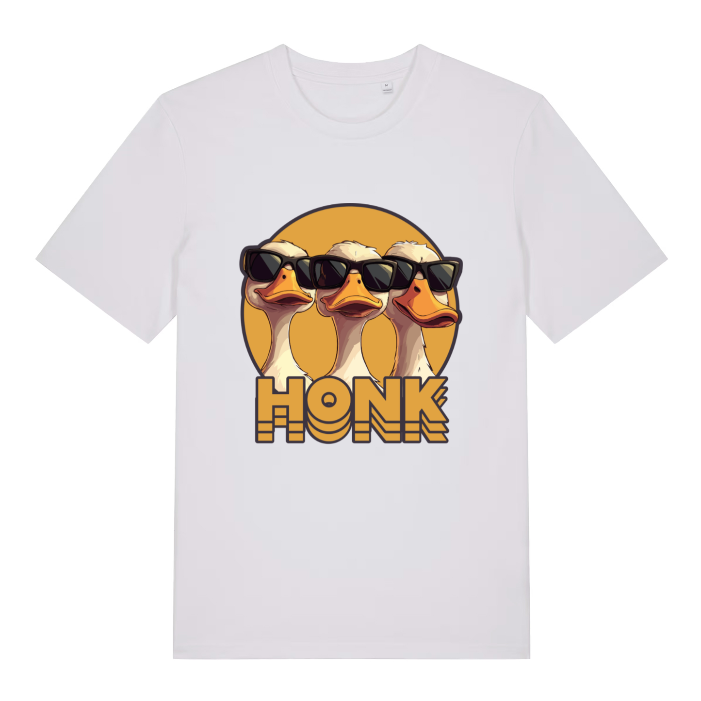 White Honk T-shirt flat lay displaying three cool geese "Honk" illustration