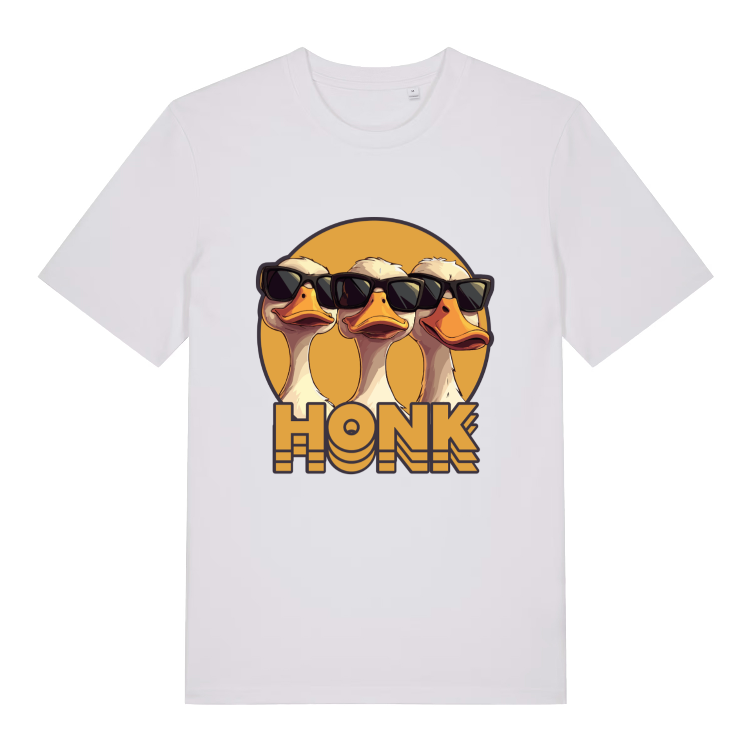 White Honk T-shirt flat lay displaying three cool geese "Honk" illustration
