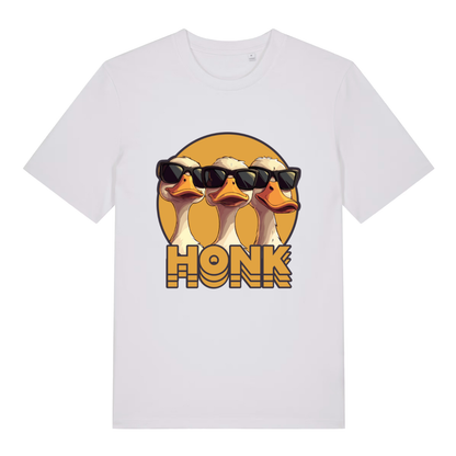 White Honk T-shirt flat lay displaying three cool geese "Honk" illustration